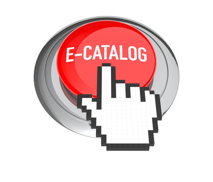 Mouse Hand Cursor on Red E-Catalog Button. 3D Illustration.