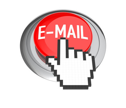 Mouse Hand Cursor on Red E-Mail Button. 3D Illustration.