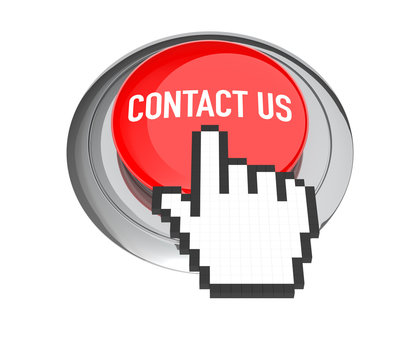 Mouse Hand Cursor on Red Contact Us Button. 3D Illustration.