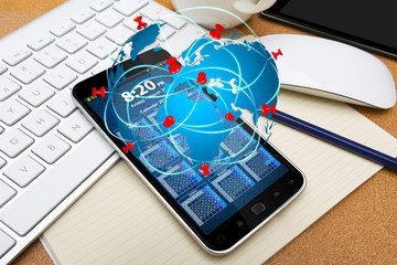 Modern mobile phone with travel icon application