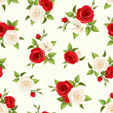 Vector seamless pattern with red and white roses and lisianthus flowers and green leaves on a white background.
