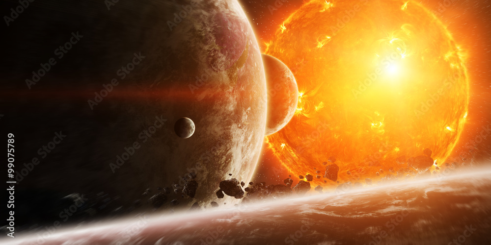 Wall mural exploding sun in space close to planet