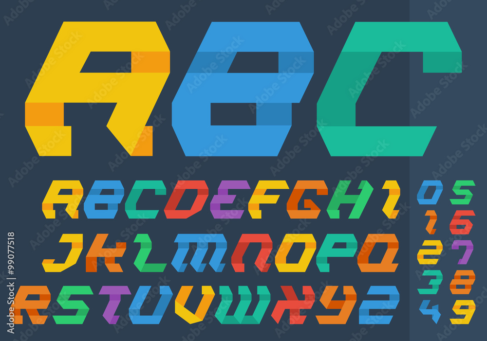 Fototapete abstract flat folded paper style colourful alphabet letters and numbers. vector illustration.