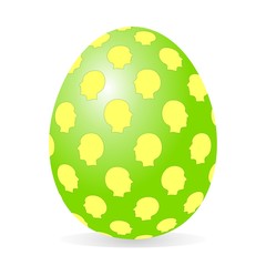 Green spring egg glistening on top with yellow human heads with green contour on a white background with shadow