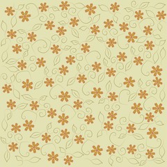 Floral pattern, ornament on a beige background orange flowers, carnation, leaves, khaki, black outline, line, Vintage, design, vector