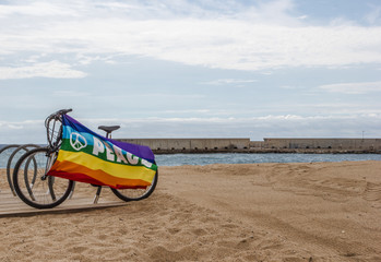 Fototapeta na wymiar Gay and lesbian community flag on bicycle near the sea