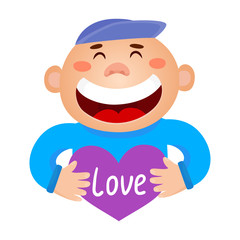 Vector illustration of a boy holding a gift in a wrapped heart-b