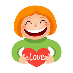 Obraz premium Vector illustration of a girl holding a gift in a wrapped heart-