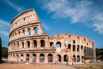 Closeup of the mighty Colosseum in Rome, Italy on a sunny summer day with blue sky.

