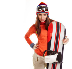 Girl with snowboard in studio on isolated background.