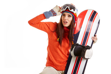 Girl with snowboard in studio on isolated background.