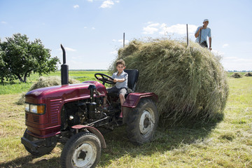 Hay. Summer day on the boy sitting on a tractor and another load