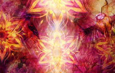 Titmouse bird and golden mandala, ornament background and desert crackle. computer collage, profile portrait, violet , white and yellow color.