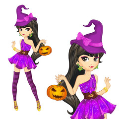 Witch In Purple Dress With Pumpkin