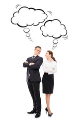 Two business colleagues with thinking clouds over isolated background.