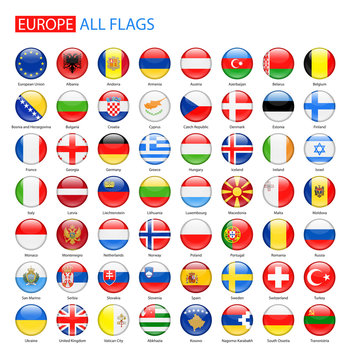 Glossy Round Flags of Europe - Full Vector Collection. Vector Set of Round European Flags.
