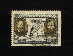 Fototapeta premium USSR - CIRCA 1957: A stamp printed in USSR shows Alexander Herzen (Russian publicist, writer, philosopher, teacher) and Nicholas Ogarev (poet, journalist, revolutionary)
