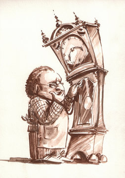 Retro style illustration of Watchmaker examining the old clock.Picture painted with watercolors on paper.