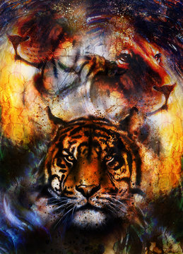 portrait lion and Tiger face, profile portrait, on colorful abstract  background. Abstract color collage with spots.