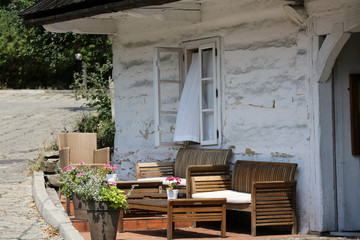 Old wooden white house in Lanckorona in Poland