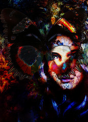 painting mighty lion head on ornamental background and mystic woman face, computer collage.