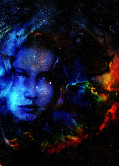Goodnes woman and lion in space with galaxi and stars. profile portrait, eye contact.