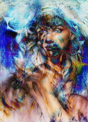 Young woman portrait, color painting on abstract background, computer collage.