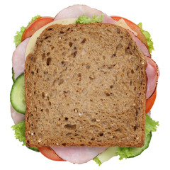 Sandwich Toast zum Frühstück belegt mit Schinken von oben Frei