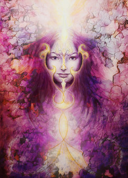 beautiful painting of a violett angelic spirit with a woman  face and golden ornaments, in clouds of purple energy and light.