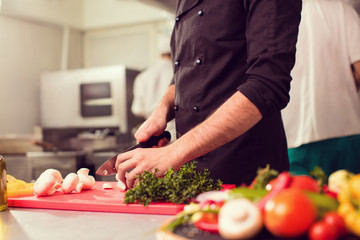 Young chef preparing foot and cutting vegetables and mushrooms i