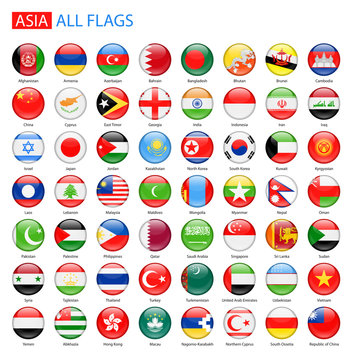 Glossy Round Flags of Asia - Full Vector Collection. Vector Set of Round Asian Flags.