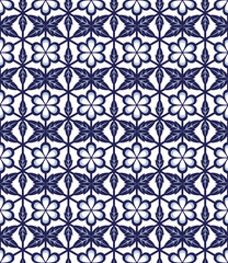 Seamless background image of vintage blue round flower leaf cross polygon pattern.
