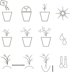 Growing seeds icons, agronomy. Thin black lines on a white background