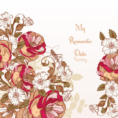 Vector background with hand roses flowers in engraved vintage st