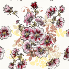Seamless wallpaper pattern with hand drawn cosmos flowers