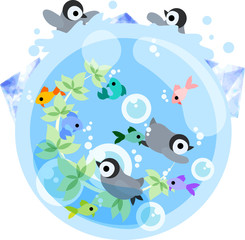 The baby penguins are playing in the water in the sea which colorful fishes swim.