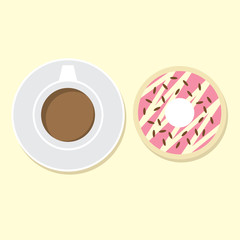 Donut And Hot Coffee Vector Illustration.