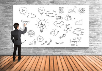 Businessman writing strategy on white board.