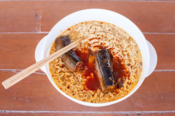 instant noodle with Canned fish in the bowl yummy food 