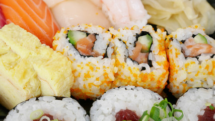 The close up of Japanese delicious sushi in the lunch box set.