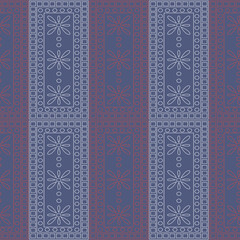 Seamless vector pattern. Symmetrical geometric background with blue and red rectangles on the dark blue backdrop. Decorative ornament.