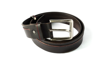 Used Brown Leather Men Belt on White Background