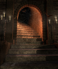 Schody ze świecami i nietoperzami w starym zamku