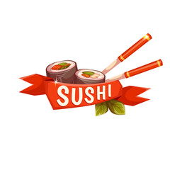 Banner Sushi with chopstick and ribbon. Vector illustration