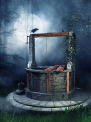 Stara studnia i kruk w ciemnym lesie nocą © Obsidian Fantasy
