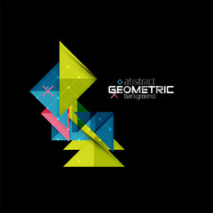 Colorful geometric shapes with texture on black. Modern futuristic abstract design template