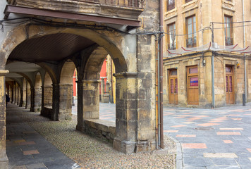 Arcades and columns famous ancient city of Aviles Spain