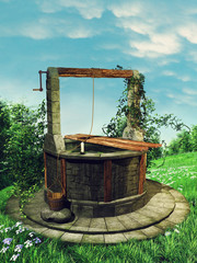 Baśniowa studnia życzeń na wiosennej łące z kwiatami © Obsidian Fantasy