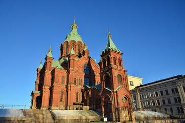 Fototapeta premium Uspenski Orthodox Cathedral (built in 1862 and1868), Helsinki, Finland. One of most popular tourist sights in Helsinki.