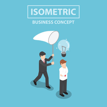 Isometric businessman stealing light bulb of idea